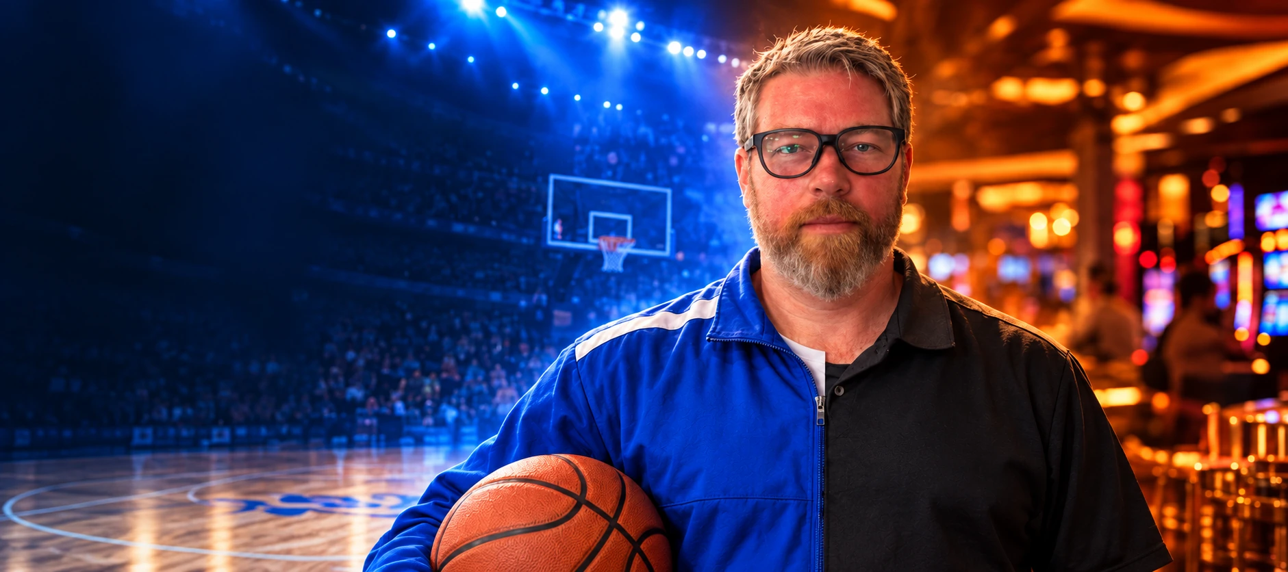 Andrew holding a basketball between a blue basketball arena and warm casino lights
